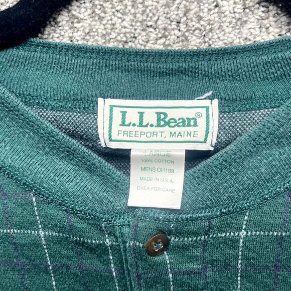 L.L. Bean Freeport Maine Waffle Shirt Mens Large Green Plaid Cotton Henley Neck - Picture 3 of 10